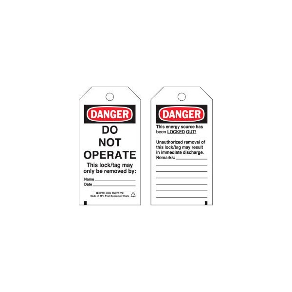 Brady Brady Lockout Tag- Danger Do Not Operate, 2 Sided, Cardstock, 25/Pack 65407 - main